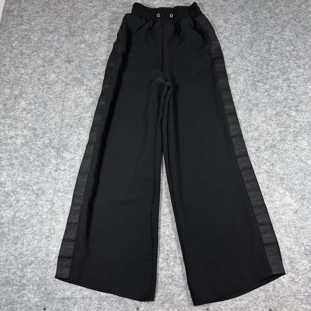 Guess Wide Leg Pants Black Logo Tape Stripe Elastic Waist Womens Size XS